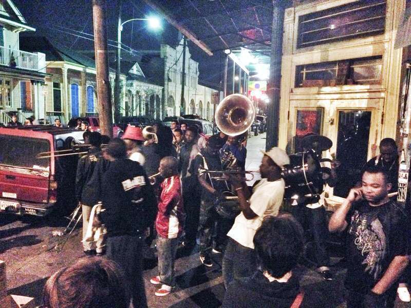 New Orleans LA.
Second line band busking on Frenchman Street at Chartres, Faubourg Marigny.