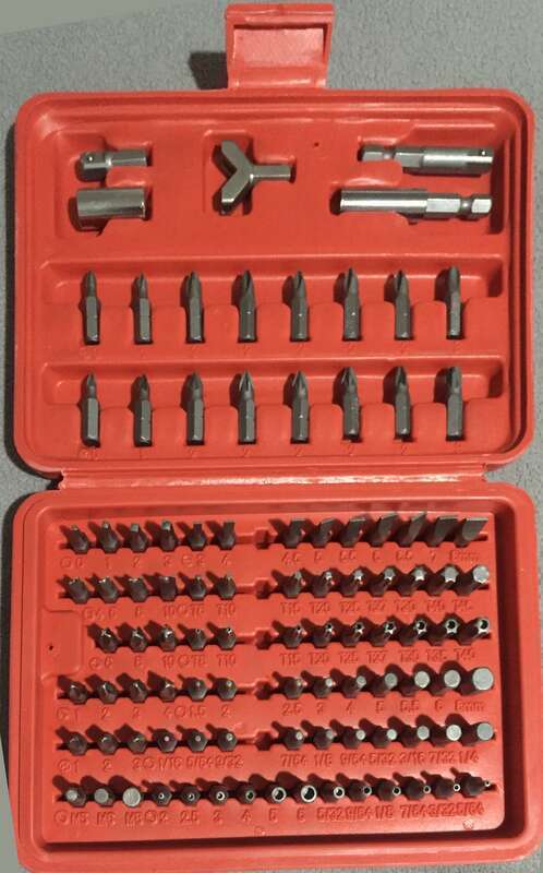 Set of 100 uncommon bits.  Includes bits for hex, hollow hex, pozi, torx, hollow-tip torx, square, spline fastener, and phillips. ;Other information:

Manufactured by Warrior (Item 62657).  Distributed by Harbor Freight Tools, Camarillo, CA.  UPC: 7
