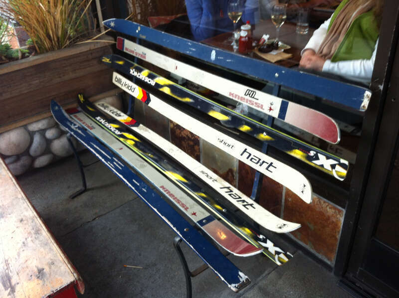 Skis repurposed as a bench