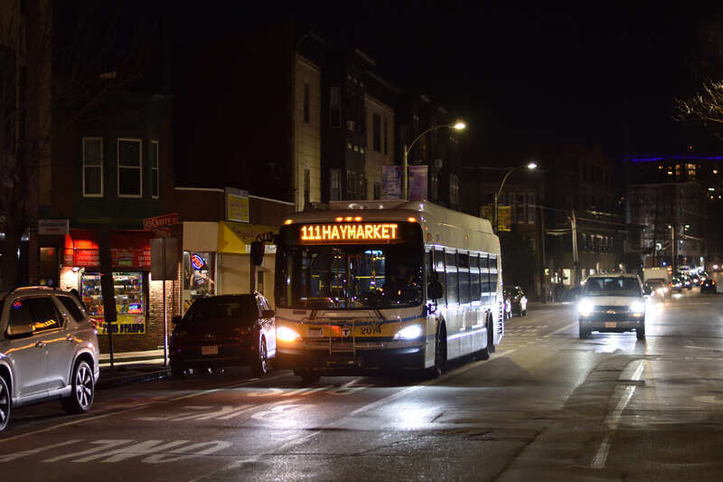 An MBTA 111 bus in Bellingcham Square in Chelsea
