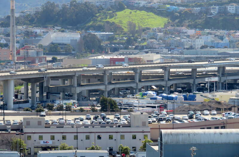 Stub ramp on the I-280 viaduct - originally intended for the Hunters Point Freeway and/or Southern Crossing, neither of which were built - viewed from Potrero Hill in February 2019
