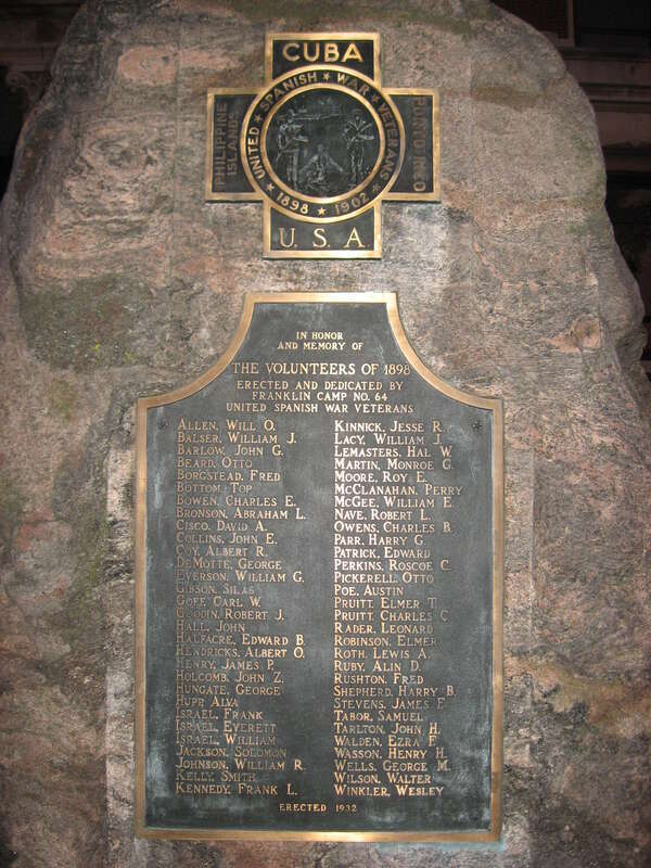 Spanish-American War memorial on the northern part of the lawn of the Johnson County Courthouse, located on Courthouse Square in downtown Franklin, Indiana, United States.  The memorial is part of two historic districts that are listed on the