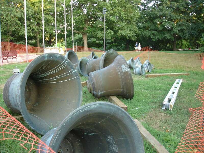 The bells of the Springfield, Illinois Thomas Rees Memorial Carillon have been placed on the ground for maintenance