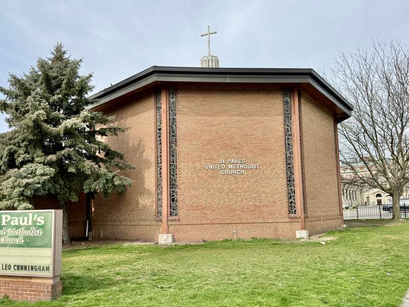 Built in 1985-1987, this Modern building was constructed for the congregation of St. Paul’s United Methodist Church, founded in 1836, replacing a previous church, which had stood from 1897 until it was destroyed by fire in 1979.  The building
