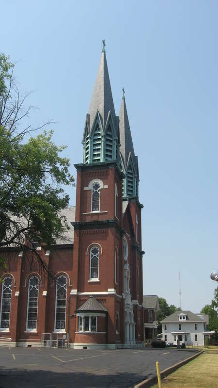 Towers of St. Boniface Catholic Church, located at 418 Wabash Avenue in Evansville, Indiana, United States.  It was built in 1903.