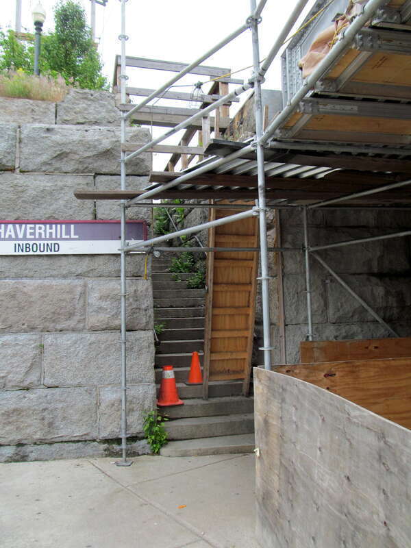 Stairway to the southbound platform at Haverhill station blocked off by Merrimack River Bridge rehabilitation work in May 2017