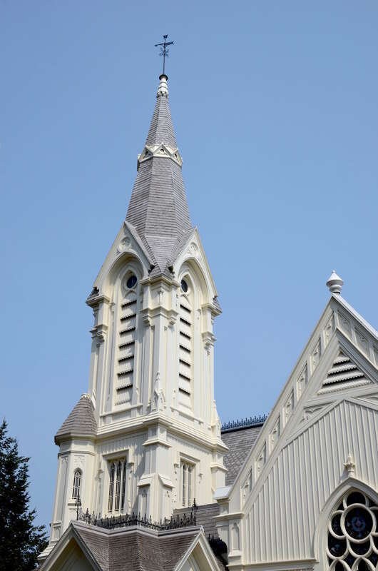 The steeple of the Old Church (Portland, Oregon) (originally the Calvary Presbyterian Church) in downtown Portland, Oregon, viewed from the south, after a recent repainting and the addition of a weathervane atop the steeple.