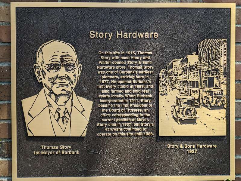 Story Hardware Commemorative Plaque located at 130 S. San Fernando Road in Burbank, CA designating the site of one of Burbank's Founders local business.
