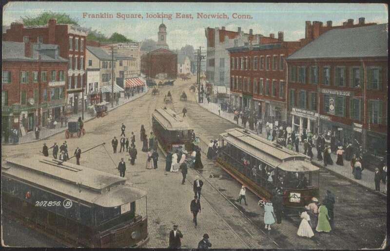 Divided back postcard of streetcars in Franklin Square in Norwich