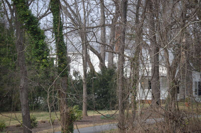 Through-the-trees view of Sunnyside, located at 2150 Barracks Road in Charlottesville, Virginia, United States.  Built in 1858, it is listed on the National Register of Historic Places.