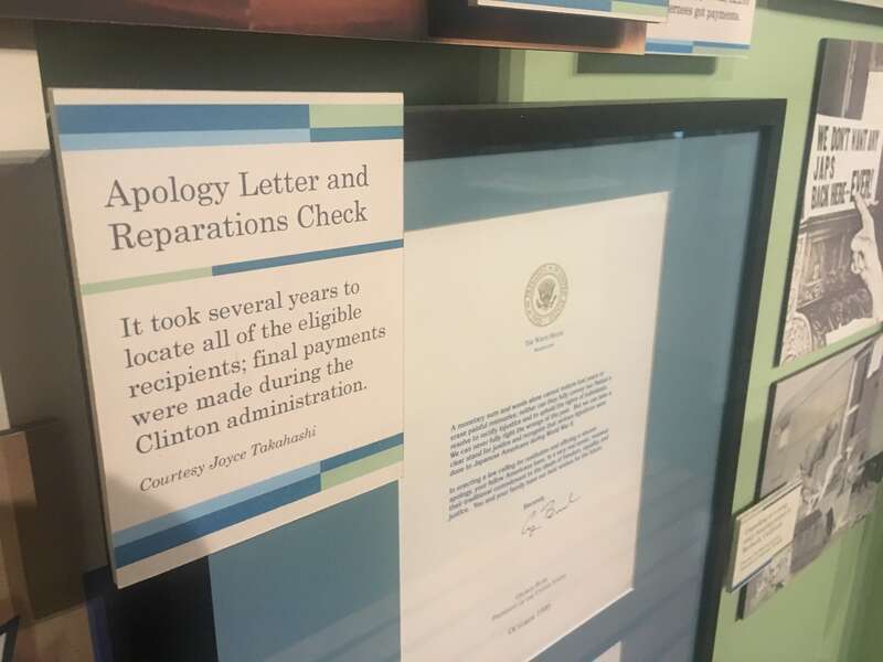 An apology letter from President George H.W. Bush as well as a reparations check (not pictured), as part of the &quot;Uprooted! Japanese Americans During WWII&quot; exhibit on the first floor of the The California Museum.