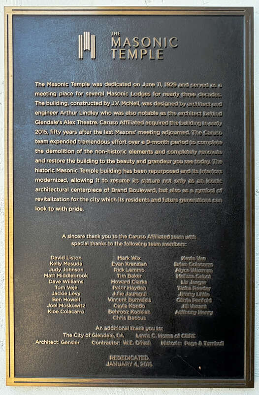 The Masonic Temple plaque, Glendale, California.