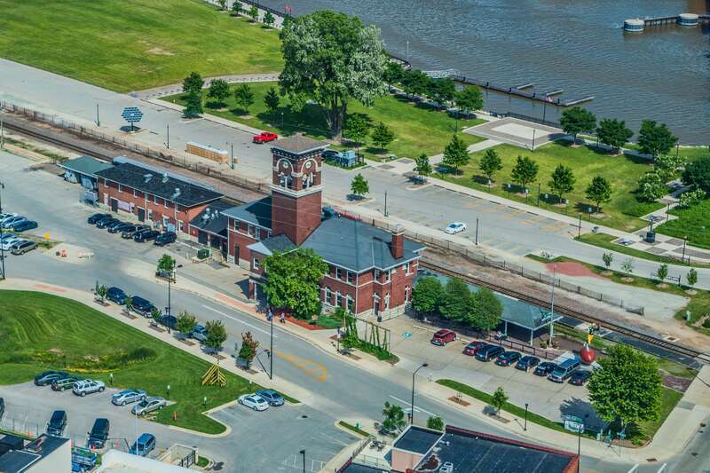 Aerial photo of former railroad depot that was renovated into a brewery.
