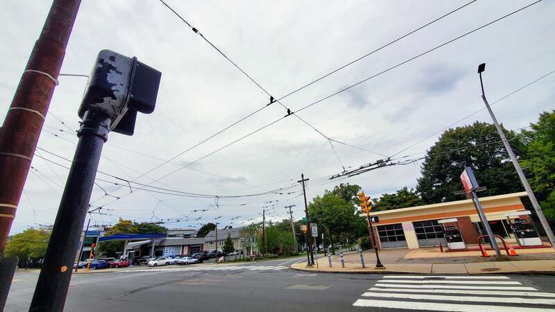 Trackless Trolley wires on Mt Auburn Street, Cambridge