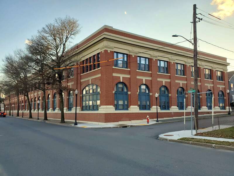 The former Union Street Railway carbarn in New Bedford viewed from Purchase Street in December 2022