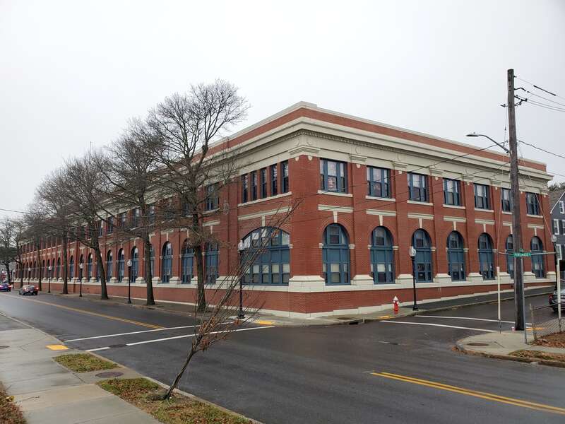 The former Union Street Railway carbarn in New Bedford in December 2023