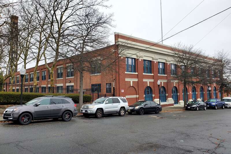 The former Union Street Railway carbarn in New Bedford viewed from Weld Street in December 2023