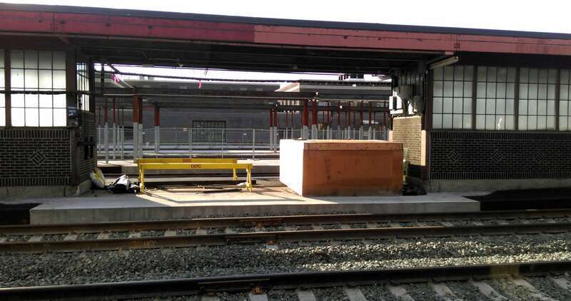 Unknown platform work ((possibly stabilization of the pedestrian tunnel) at Springfield Union Station in July 2016