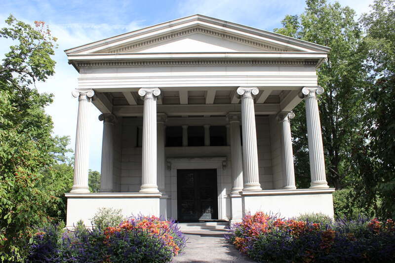 Main entrance of the Wade Memorial Chapel. Jeptha Wade was the founder of Western Union Telegraph. The interior was designed by Louis Comfort Tiffany.