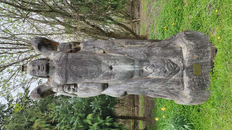 Also labeled as the translation &quot;Wek-Wek' and the Falcon Man&quot;
By Dudley C. Carter 
Carved in 1935

Exhibited in 1940 at the Palace of Fine Arts, Golden Gate International Exposition in San Francisco, SA.