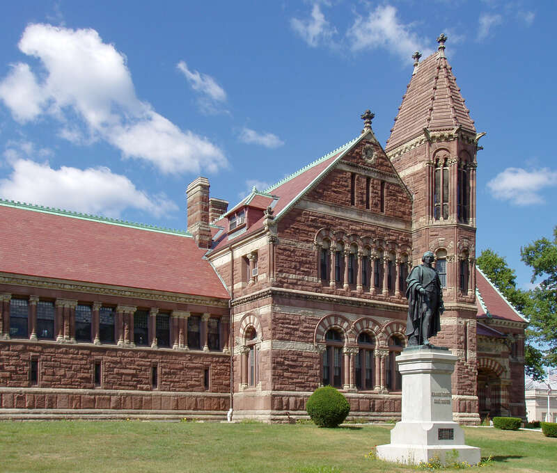 Library in Woburn, Massachusetts. The building was designed by noted architect H. H. Richardson. The statue is of native son Benjamin Thompson, Count Rumford; it is a copy of the original by Caspar Zumbusch in Munich, Germany. Photograph taken by me,