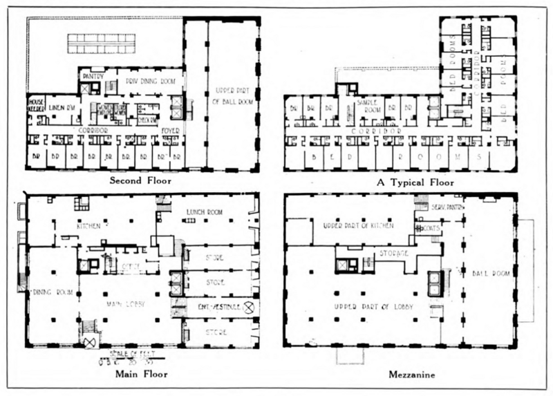 Original floor plans, Yorktowne Hotel, 48 East Market Street at South Duke Street, York, Pennsylvania. Opened 1925. Image publication date is 1926. Major renovations have occurred that are not reflected in these plans.