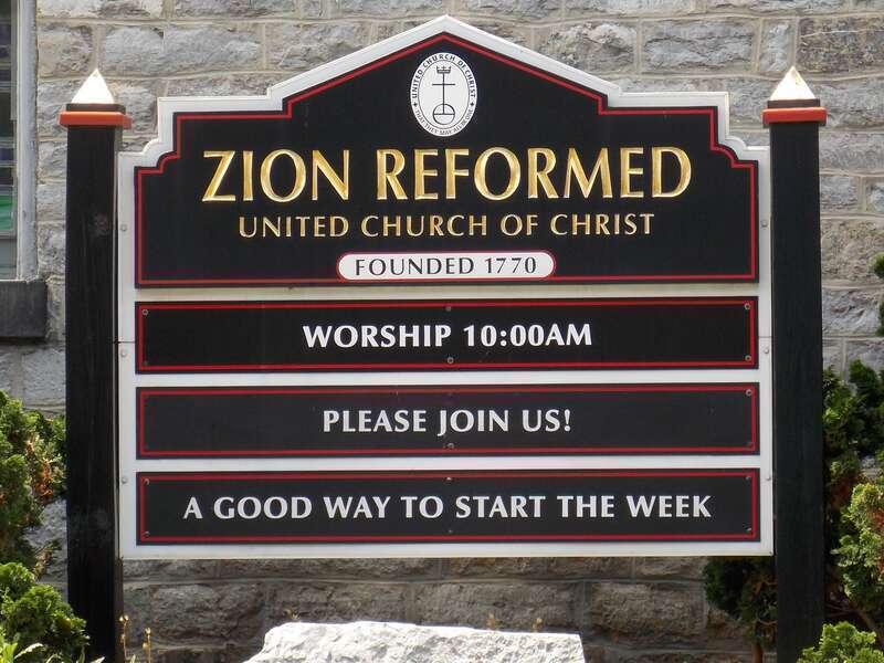 The sign for Zion Reformed United Church of Christ in Hagerstown, Maryland.