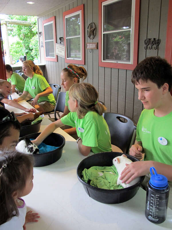 Photo of Zoo Crew Teen Volunteers at the Critter Outpost; inside the Lincoln Children's Zoo, 1222 S. 27th Street in Lincoln, Nebraska.  Photo taken looking northeast, inside the Critter Outpost at the zoo.  Here, children have the chance to interact