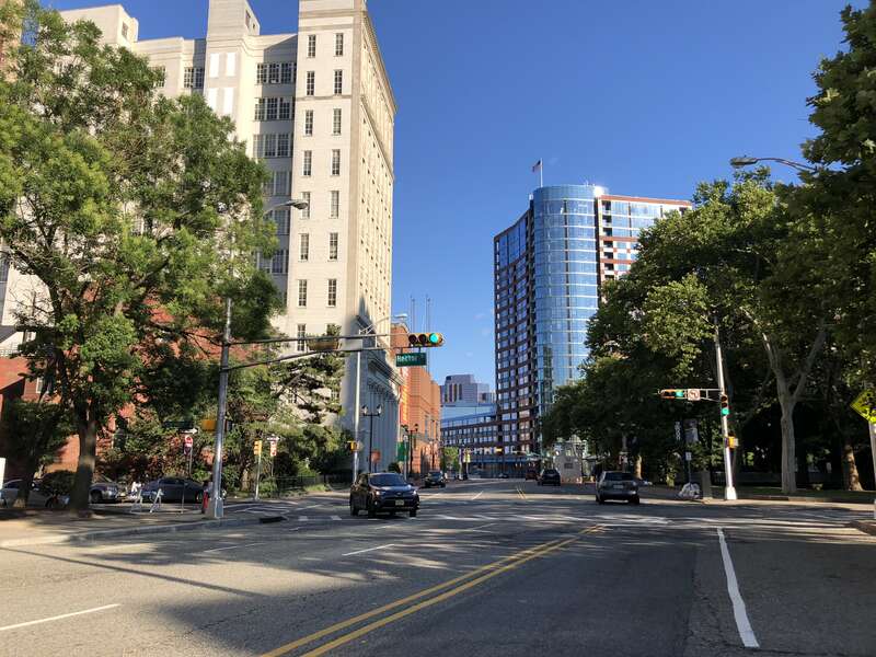 View east along Essex County Route 508 (Park Place) at Rector Street in Newark, Essex County, New Jersey