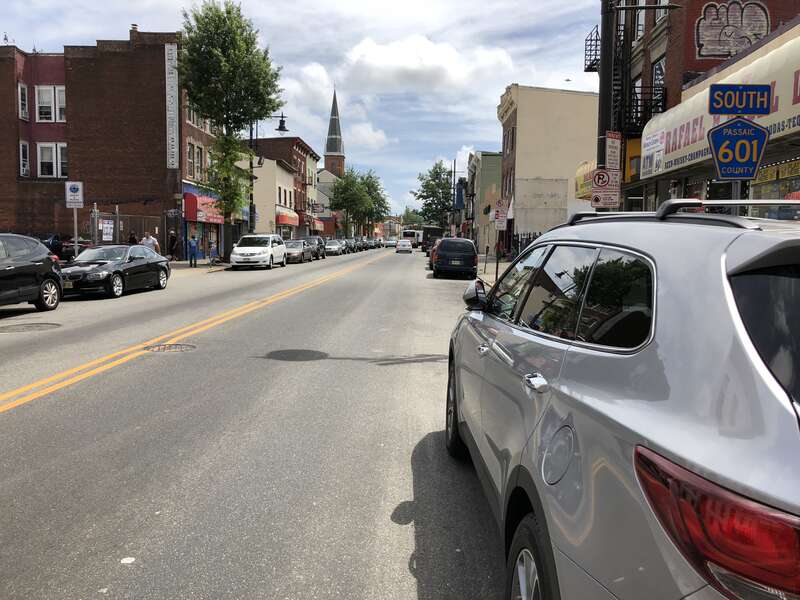 View north along Passaic County Route 509 and Passaic County Route 601 (Main Street) just south of Passaic County Route 638 (Grand Street) in Paterson, Passaic County, New Jersey