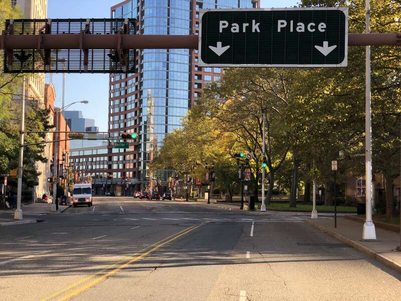 View east along Essex County Route 508 (Park Place) just east of Broad Street and Central Avenue in Newark, Essex County, New Jersey