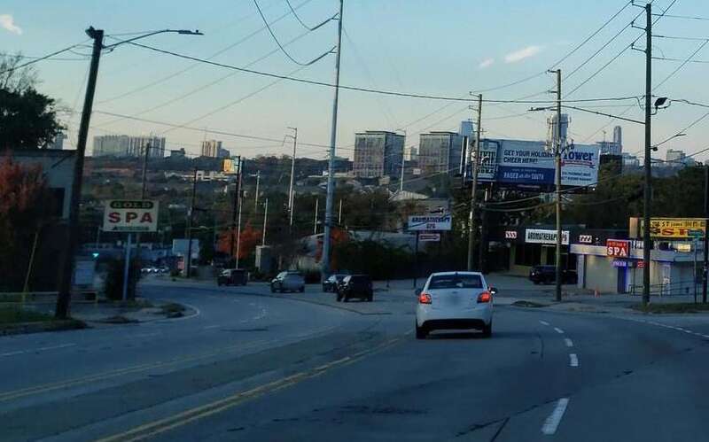 Road view of Aromatherapy Spa (right) and Gold Spa (left) on Piedmont Road, Atlanta, Georgia. Shootings occured here in 2021.