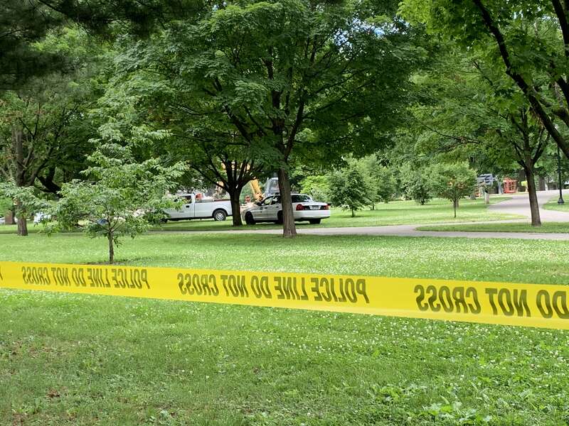 Confederate Soldiers and Sailors Monument in Garfield Park, Indianapolis, USA. This image was taken at about 11 am on June 9, 2020—the day after the monument was dismantled and removed—while construction crews were demolishing the monument's