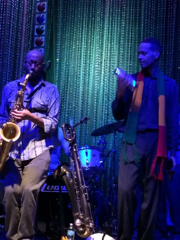 Saxophone player Danny Mekonnen and singer Bruck Tesfaye performing with Debo Band in 2014 at the World Café in Philadelphia, Pennsylvania.