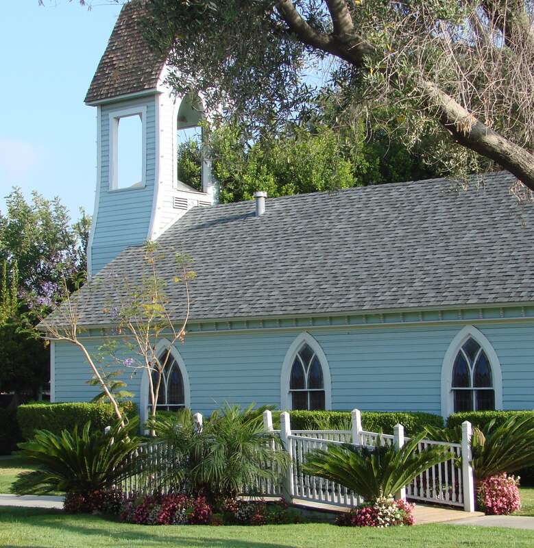 (1 in a multiple picture set)
This is the old First Evangelical Lutheran Church which used to sit near the Y.M.C.A. in Redlands.  It was taken apart, hauled to the Edwards Mansion property and rebuilt to be used for weddings.