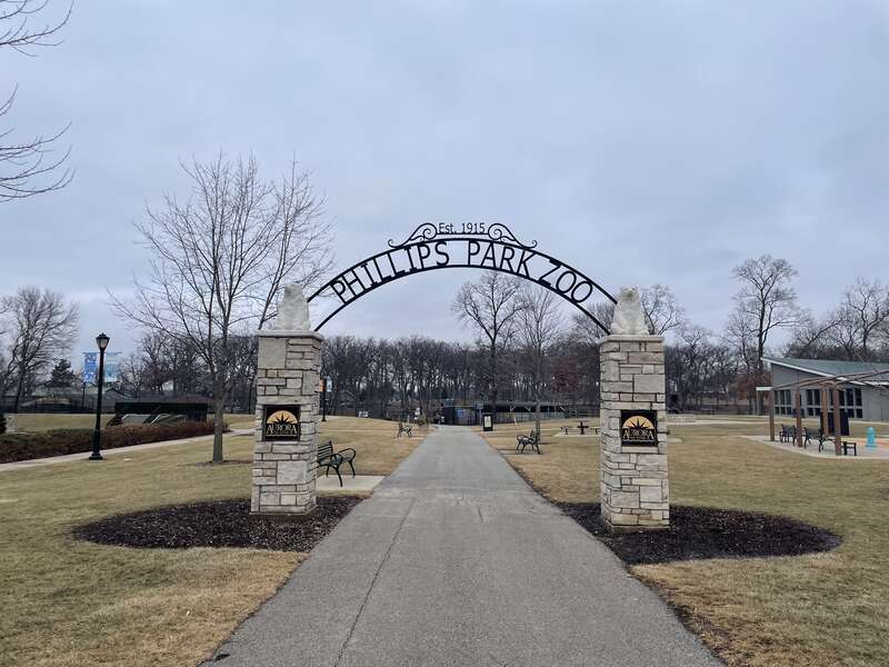 Entry archway at Philips Park Zoo in Aurora, Illinois, US. Taken February 2, 2025.