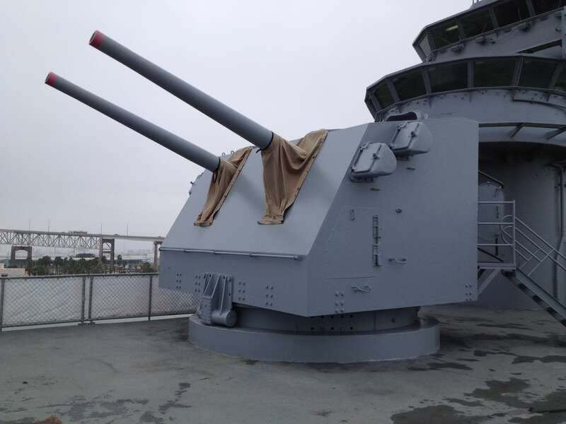 One of the two 5 inch deck guns on the flight line.