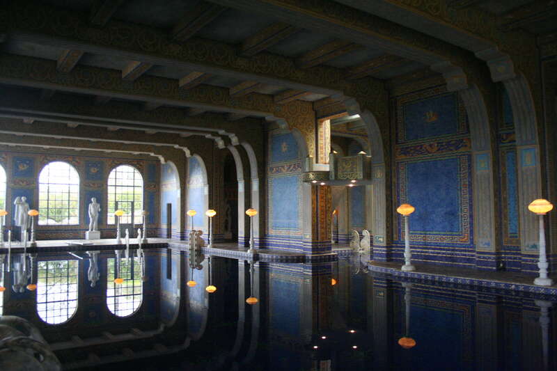 The indoor pool at Hearst Castle in San Simeon, California.  The pool is lit by windows as well as skylights in the floor of the tennis court above.