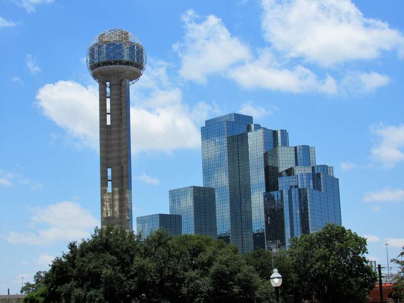 The Reunion Tower (left) and the Hyatt Regency Dallas in Dallas,Texas.