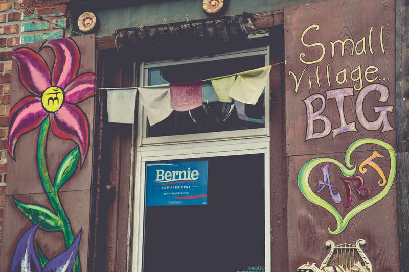 A &quot;Bernie for President&quot; sign in a window in the East Village neighborhood, near E 5th Street and E Grand Ave in Des Moines, Iowa.