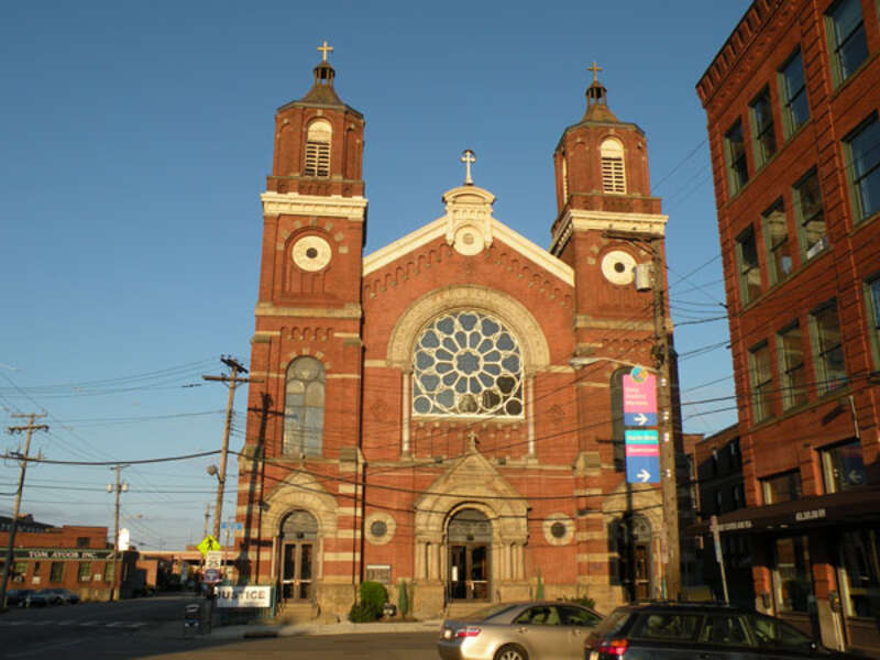 Picture of St. Stanislaus Kostka Roman Catholic Church, located at 21st and Smallman Streets in the Strip District neighborhood of Pittsburgh, Pennsylvania, on November 1, 2009.  The church was built in 1891, and is listed on the National Register of