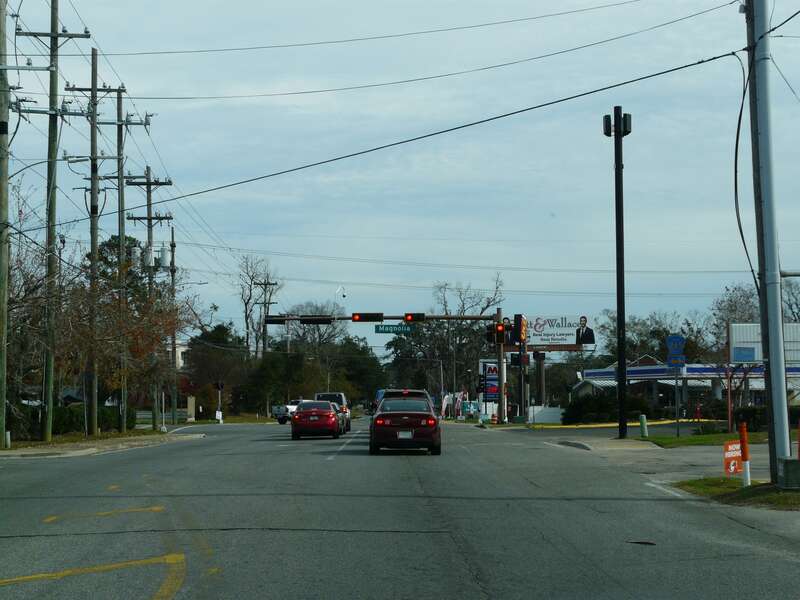 Traffic signal at the intersection of Lafayette Street and Magnolia Drive in Tallahassee, Florida.