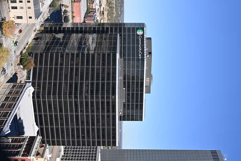 Williams Center Tower I in the foreground, with the taller Williams Center Tower II behind it.  Part of BOK Tower can be seen on the right of the photo. Community Car has their sign on the top of Tower II. 1 West 3rd Street, Tulsa, Oklahoma 74103.