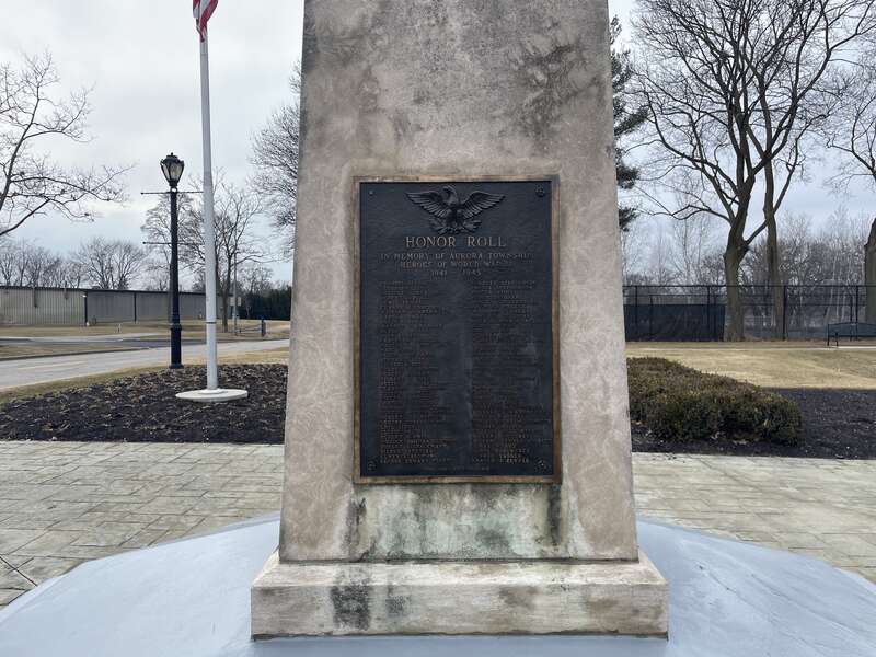 One side of the World War II memorrial at Philips Park in Aurora, Illinois, US.