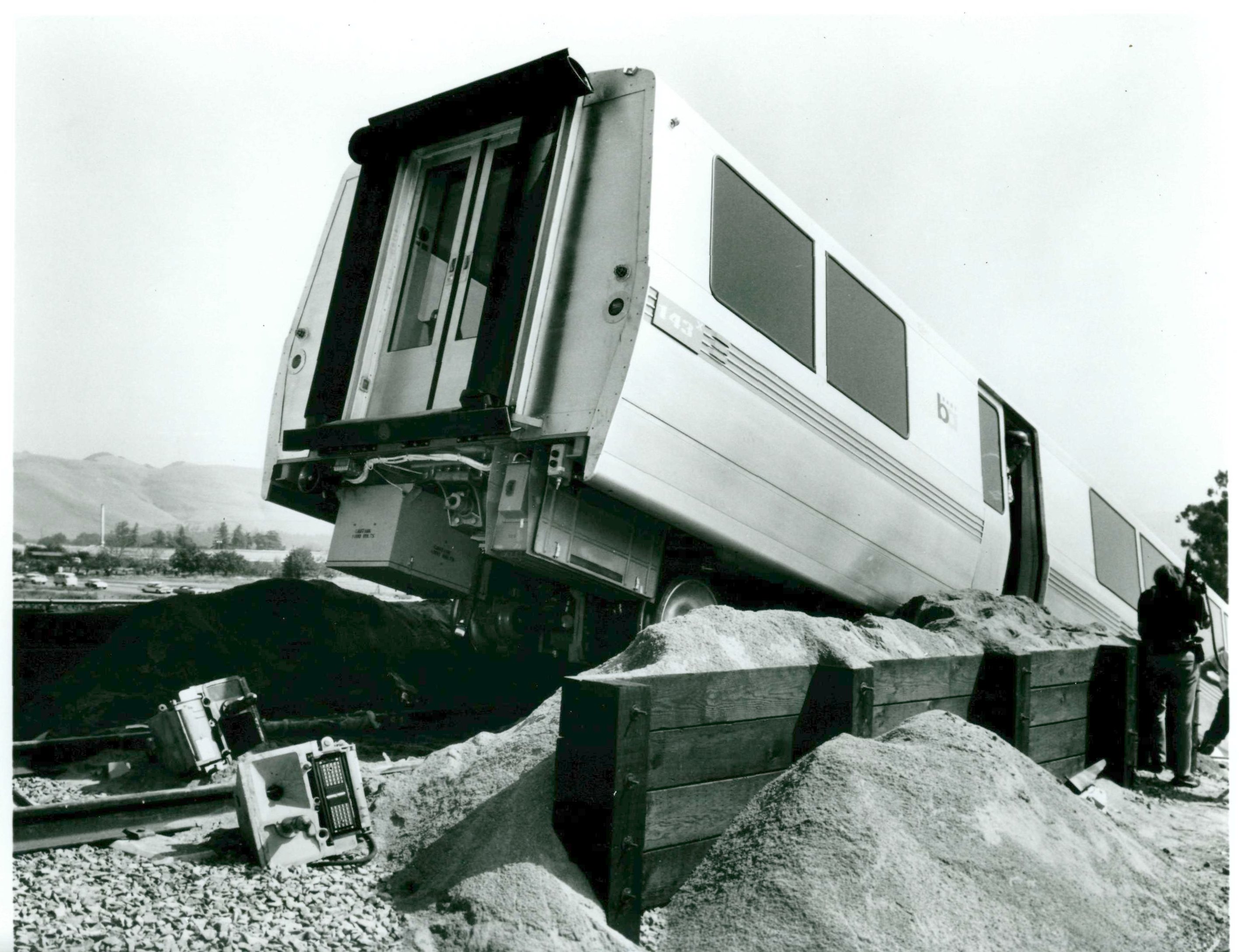 The &quot;Fremont Flyer&quot; - a BART train that overshot Fremont station in October 1972 and partially fell down an embankment.
