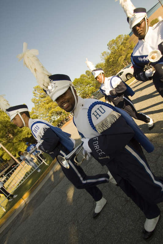Members of the Hampton University marching band march to Armstrong Stadium for pre-game festivities, which highlighted members of the military during the university’s military appreciation day Sept. 18.  Norfolk District employees were on hand to