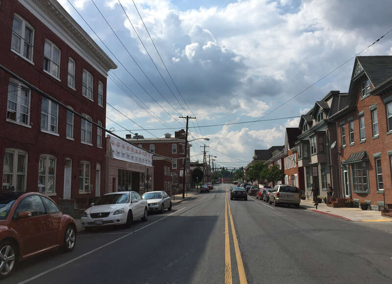 View west along U.S. Route 40 Alternate (Baltimore Street) between Mulberry Street and Locust Street in Hagerstown, Washington County, Maryland