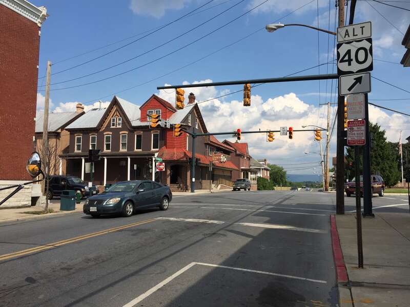 View east along U.S. Route 40 Alternate (Baltimore Street) at Frederick Street and Mulberry Street in Hagerstown, Washington County, Maryland