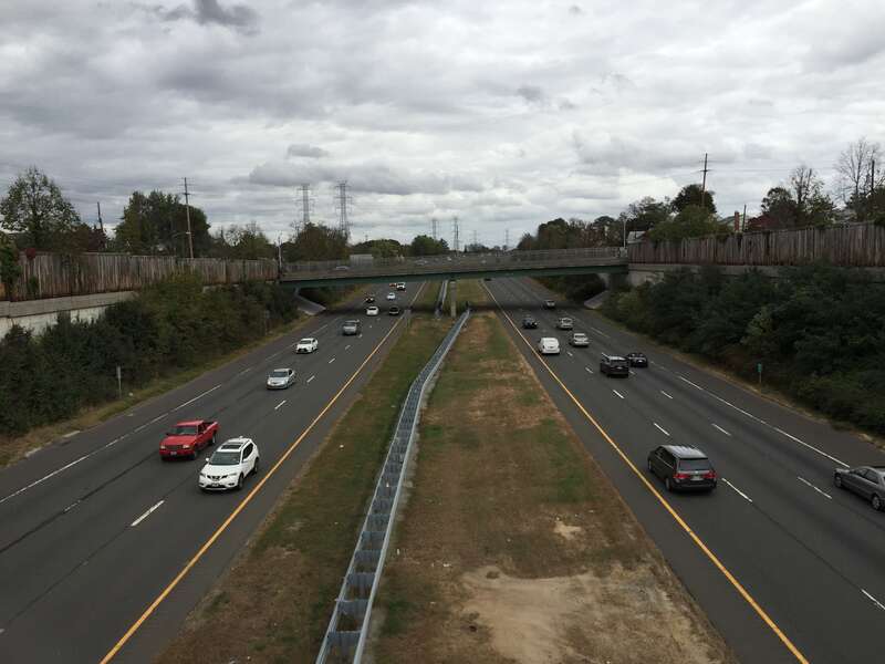 View north along Interstate 295 (Camden Freeway) from the overpass for U.S. Route 206 (South Broad Street) in Hamilton Township, Mercer County, New Jersey