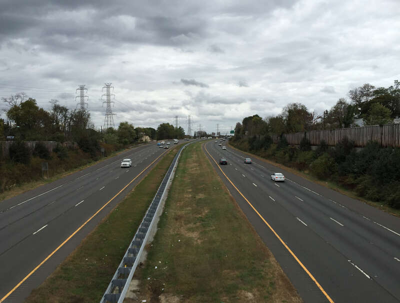 View north along Interstate 295 (Camden Freeway) from the overpass for South Clinton Avenue in Hamilton Township, Mercer County, New Jersey